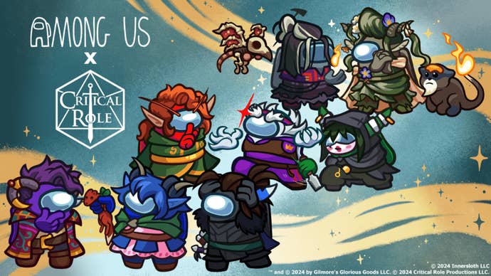 image-1024x576-1 A picture of 8 Crewmates and 2 pets dressed as characters from Critical Role. Characters include: Laudna, Ferne, Chetney, Artagan, Nott, Mollymauk, Jester and Vax. The pets are Mister and Pâté.
In the top left is the Among Us logo and the logo for Critical Role below it.