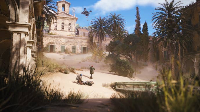 An ARC Raiders screenshot showing two characters approaching a sprawling, derelict villa surrounding by sand dunes and thick clusters of palms.