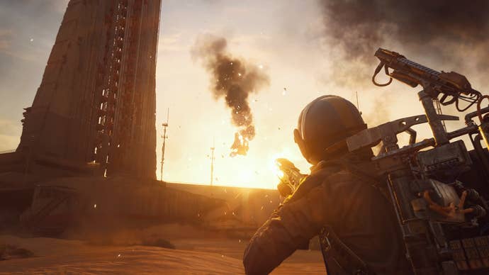 An ARC Raiders screenshot showing an armed character moving toward a large tower, both silhouetted against the setting sun. An aircraft is falling out of the sky up ahead, leaving a plume of black smoke behind it.