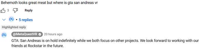 image-248_zruitma Screenshot of Meta's statement on YT, confirming GTA: San Andreas' VR port is on hold "indefinitely"