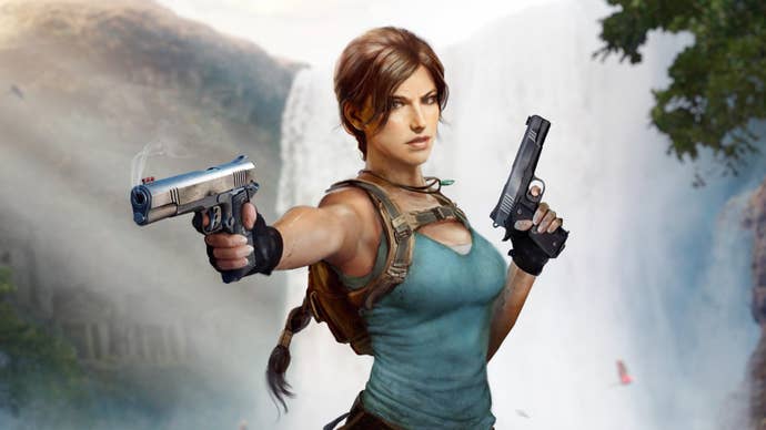 tomb-raider-lara-croft-artwork Official artwork of Tomb Raider's Lara Croft with her 'Unified' design. She is holding two pistols and is wearing a green tank top and her jade necklace